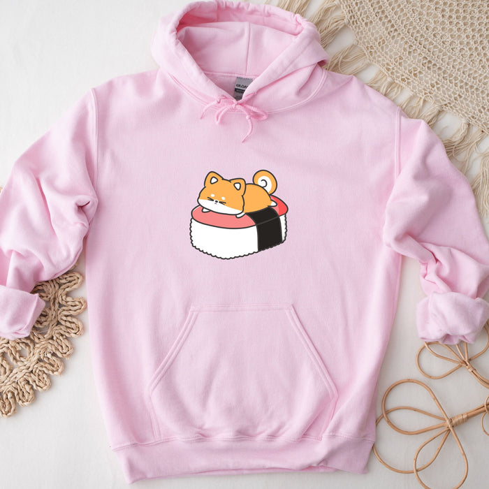 a pink hoodie with a sushi character on it