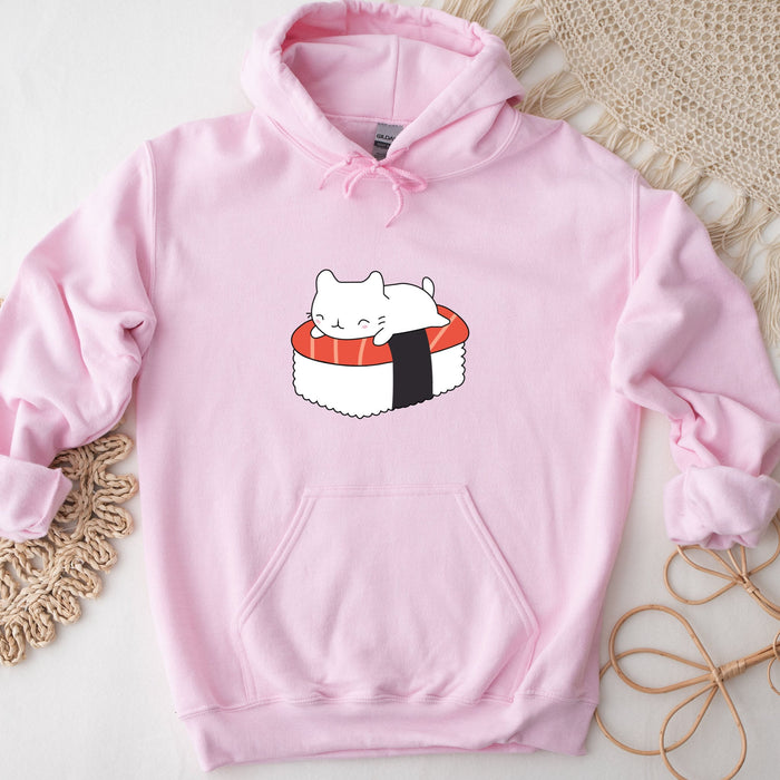 a pink sweatshirt with a sushi cat on it