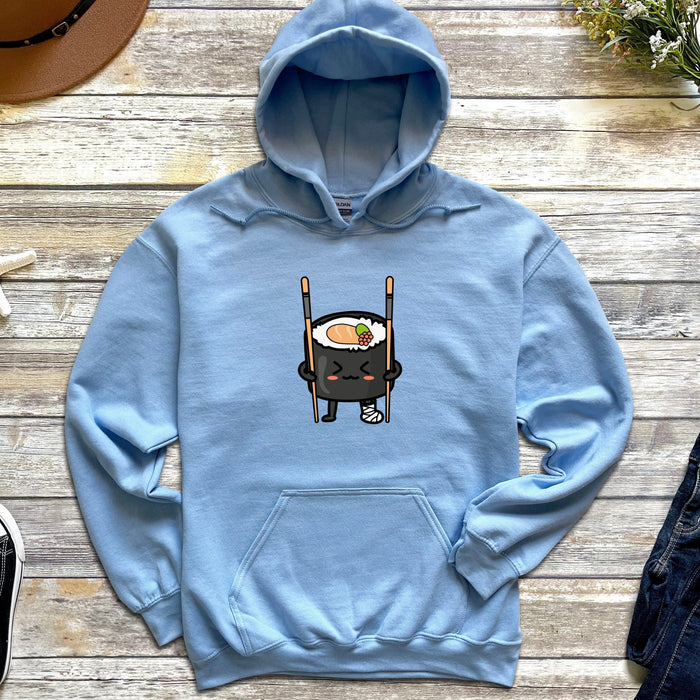 a blue hoodie with a sushi on it