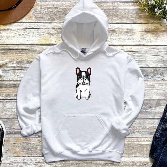a white hoodie with a black and white dog on it