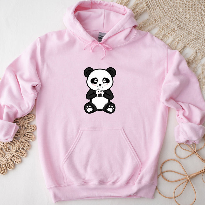 a pink hoodie with a panda bear on it