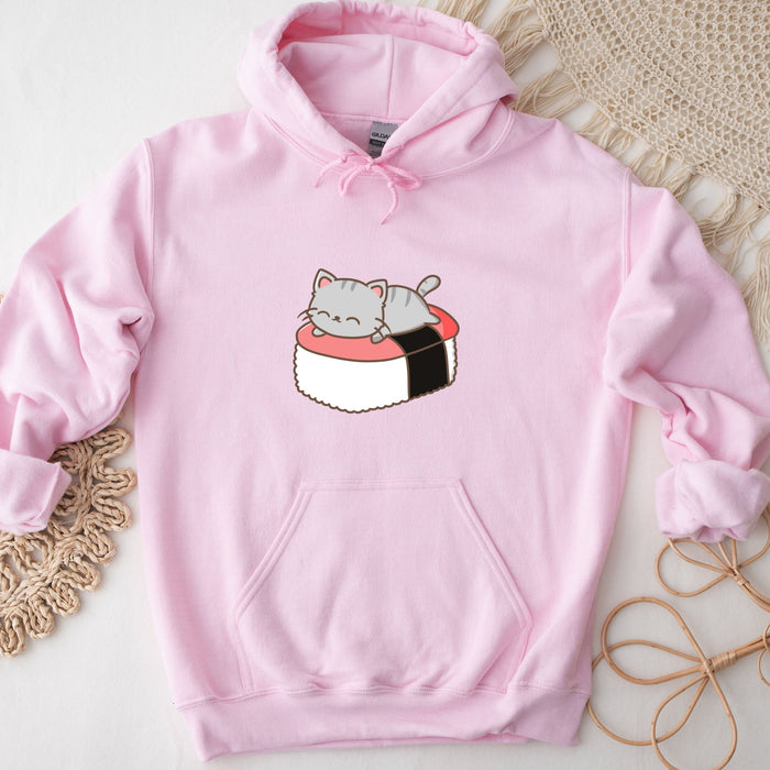 a pink sweatshirt with a sushi cat on it