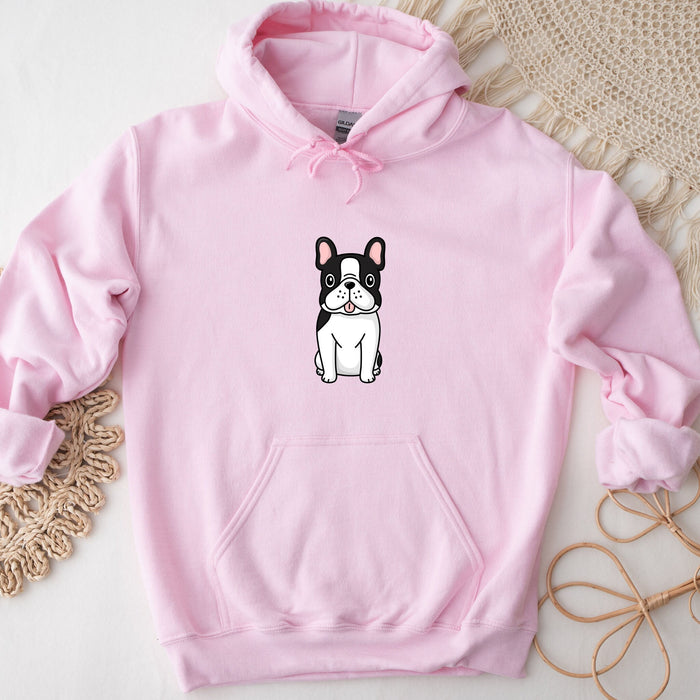 a pink hoodie with a black and white dog on it