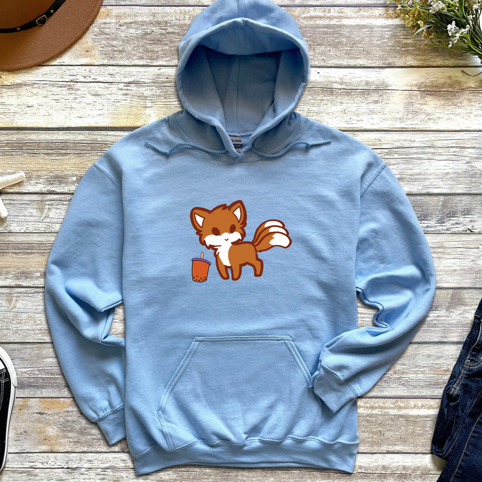 a blue hoodie with a picture of a fox on it