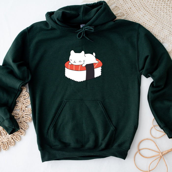 a green sweatshirt with a sushi cat on it
