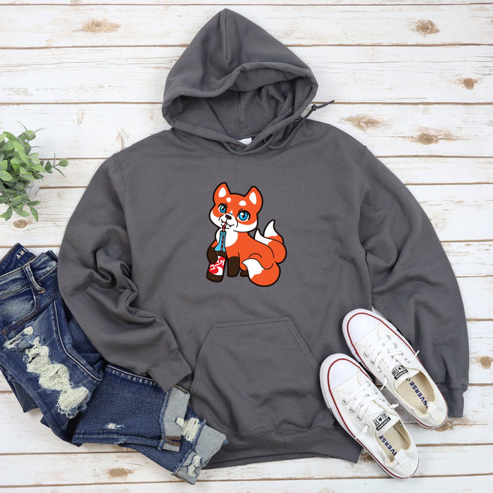 a gray hoodie with a cartoon fox on it