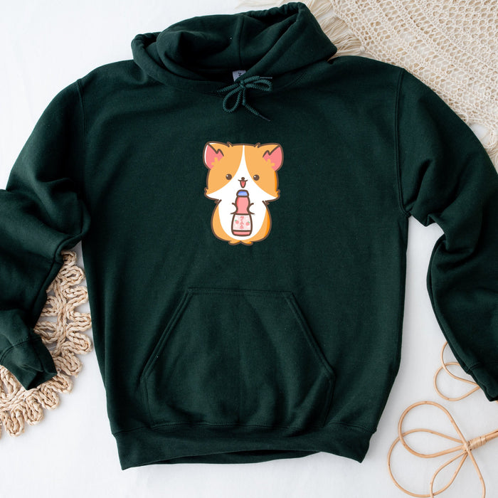 a green hoodie with a corgi design on it
