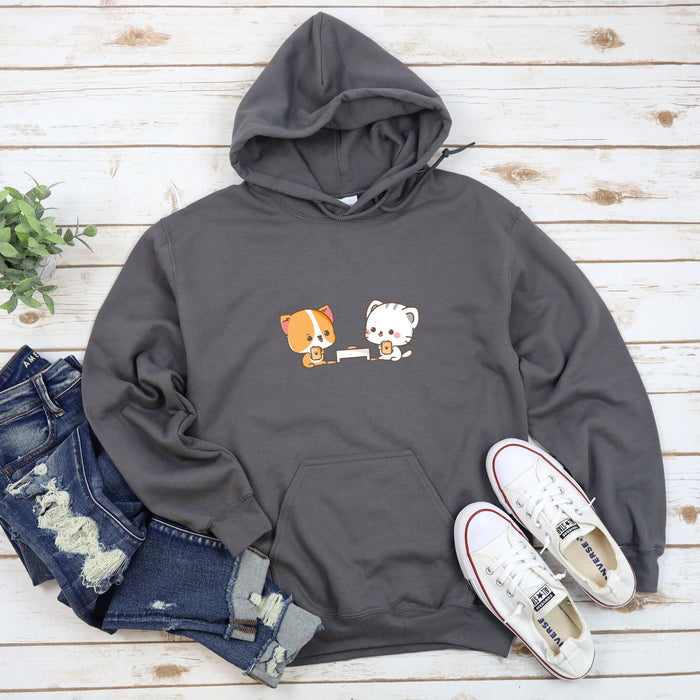 a gray hoodie with two cats on it
