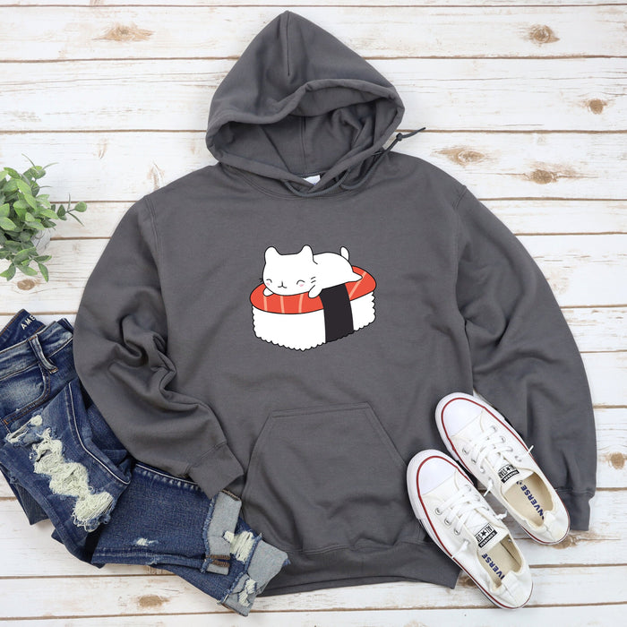 a gray hoodie with a sushi cat on it