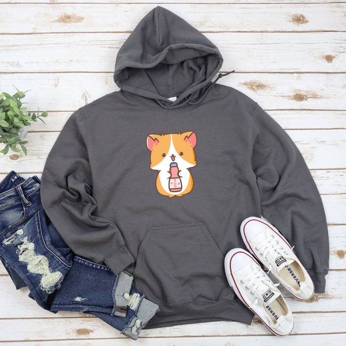 a grey hoodie with a corgi on it