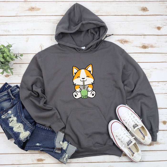 a gray hoodie with a cartoon cat on it