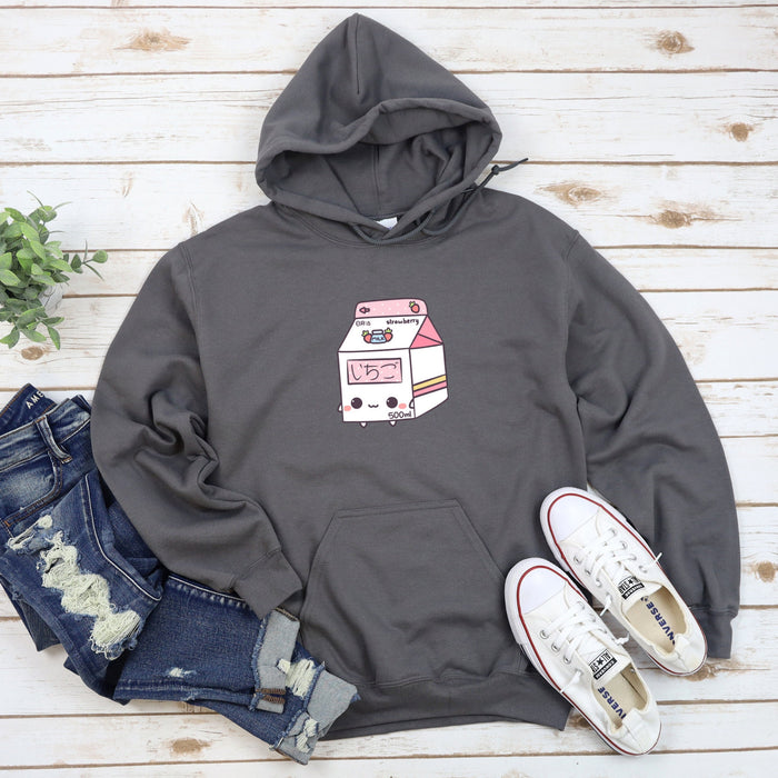 a gray hoodie with a pink and white bus on it
