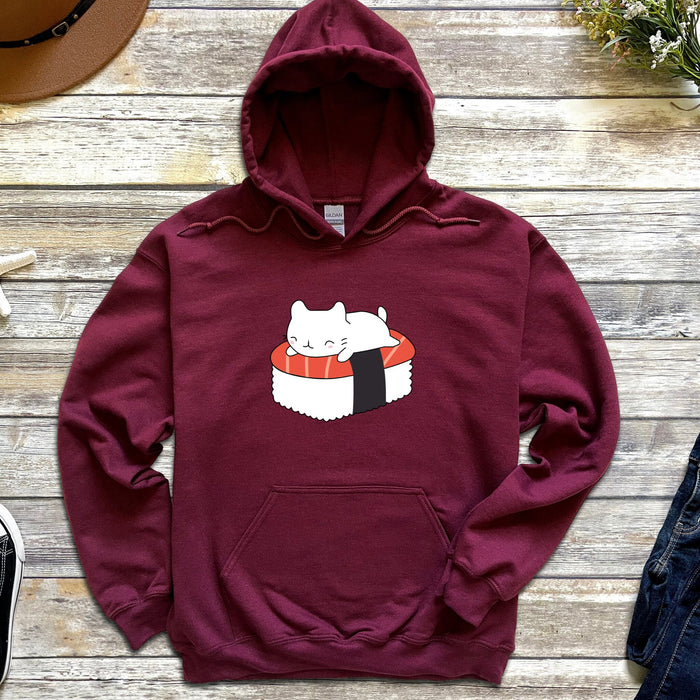 a red sweatshirt with a sushi cat on it