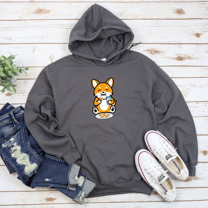 a grey hoodie with a picture of a corgi on it