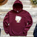 a red hoodie with a white cat on it