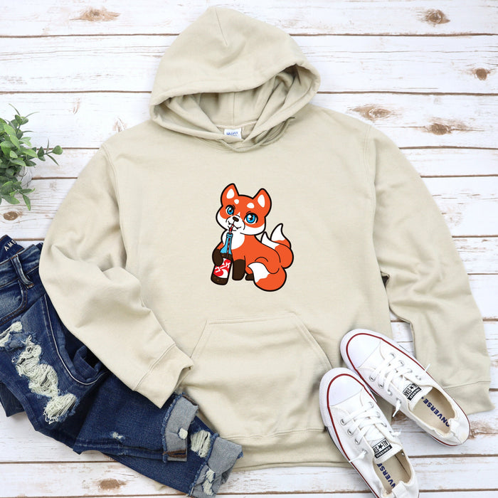 a white hoodie with a red fox on it