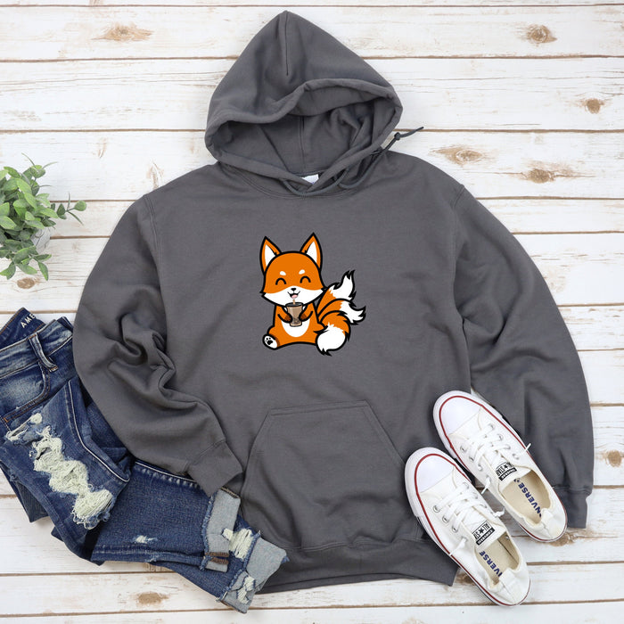 a gray hoodie with a cartoon fox on it