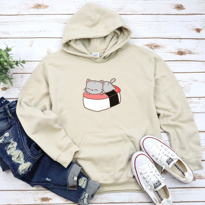a sweatshirt with a sushi cat on it