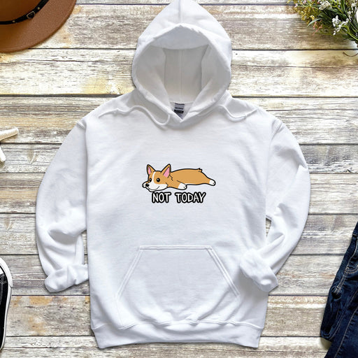 a white hoodie with a corgi dog on it