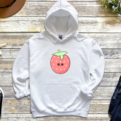 a white hoodie with a strawberry on it