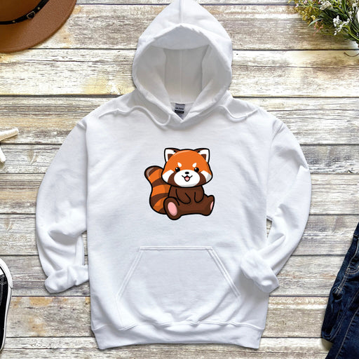 a white hoodie with a red panda bear on it