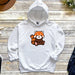a white hoodie with a red panda bear on it