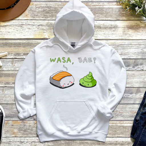 a white hoodie with sushi on it