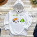 a white hoodie with sushi on it