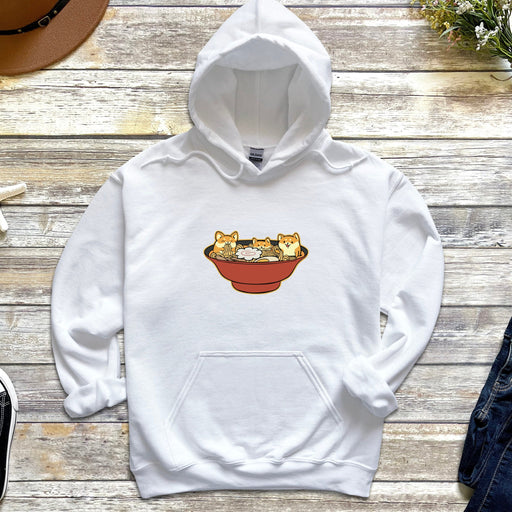 a white hoodie with three cats in a bowl on it