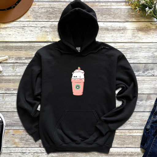 a black hoodie with a coffee cup on it
