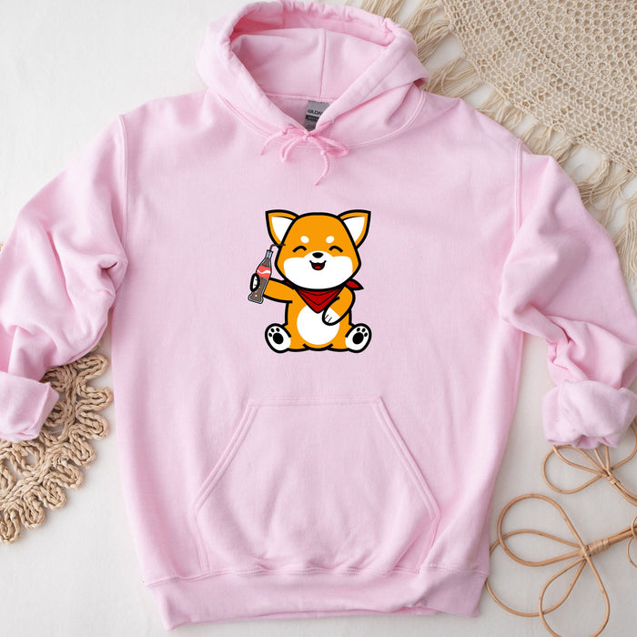 a pink hoodie with a cartoon fox holding a gun