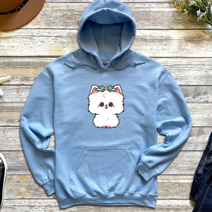 a blue hoodie with a white dog on it