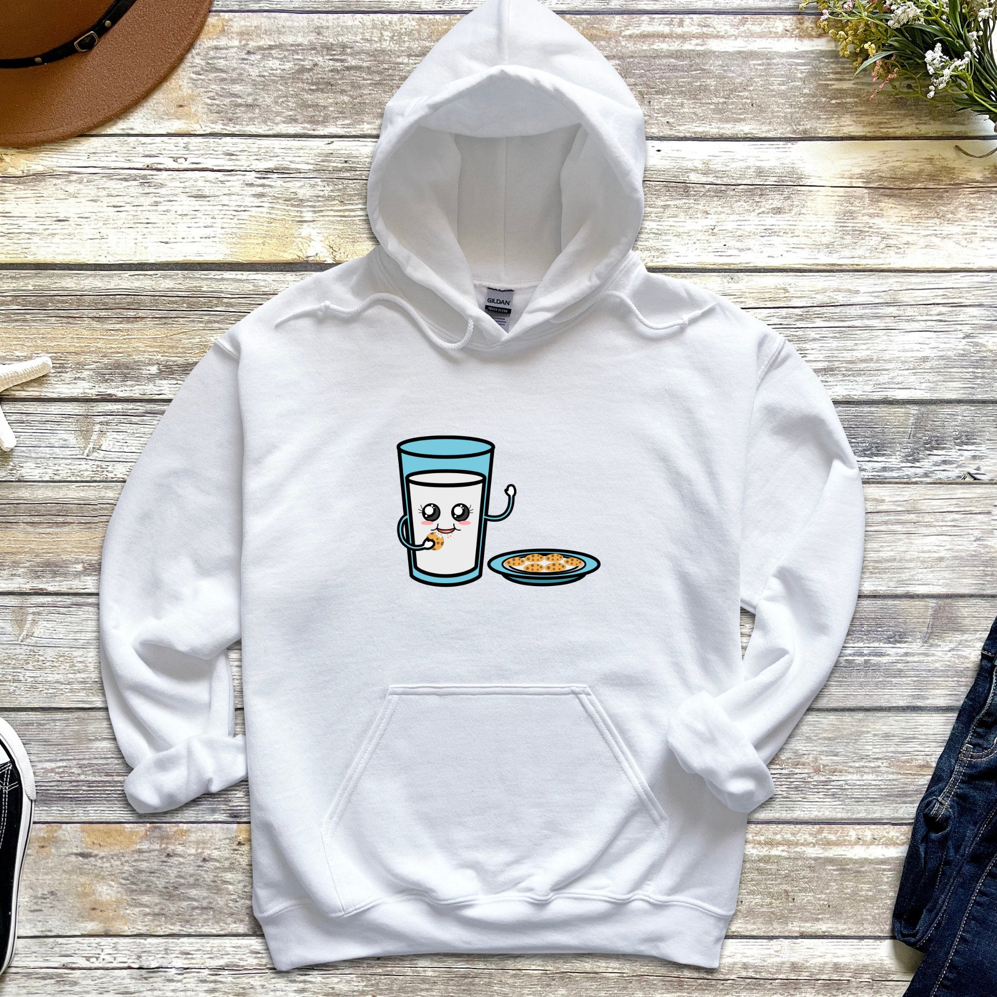 a white hoodie with a cup of coffee on it