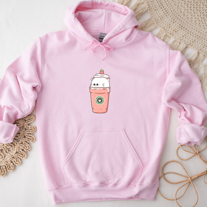 a pink hoodie with a cup of coffee on it