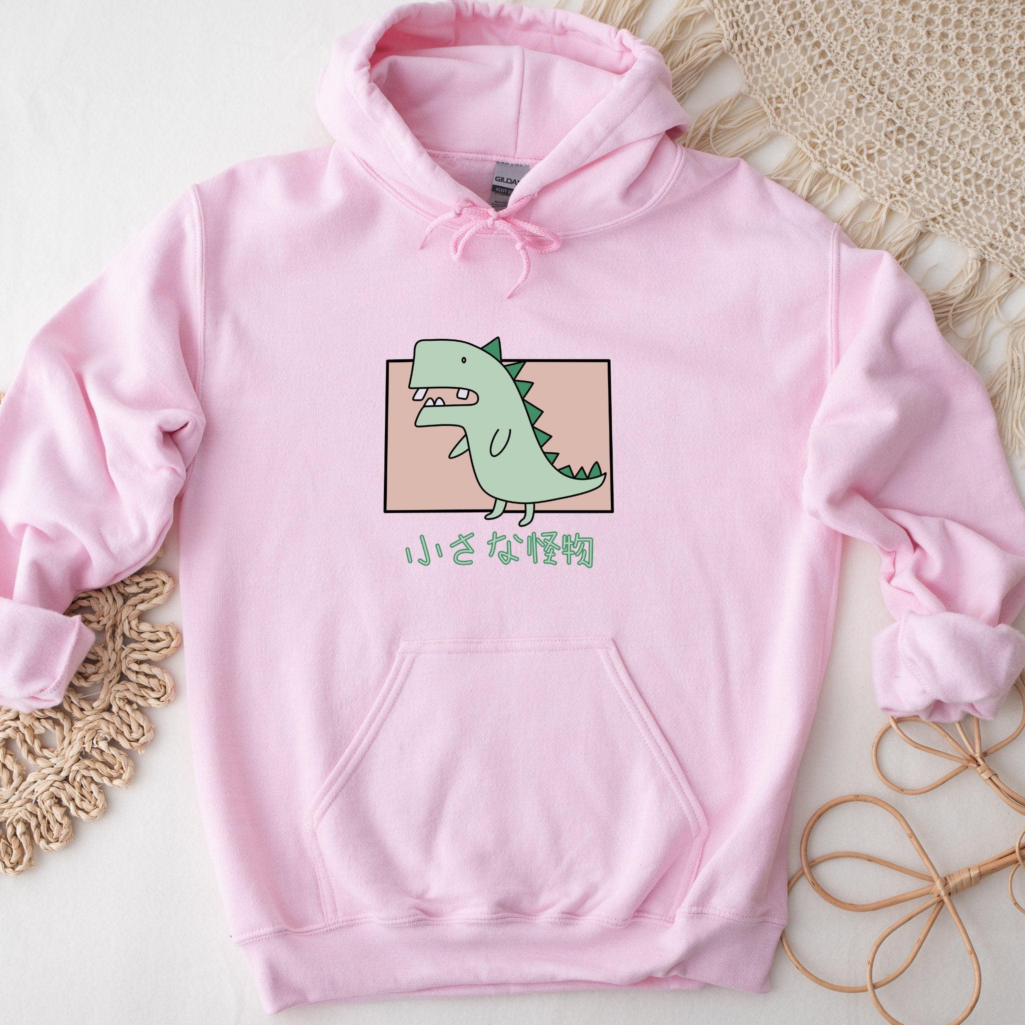 a pink hoodie with a green dinosaur on it