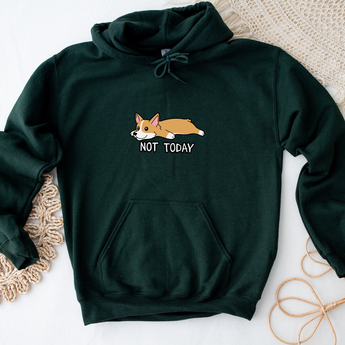 a green sweatshirt with a picture of a corgi sleeping on it
