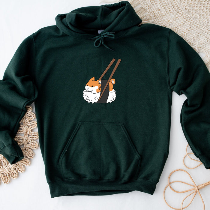 a green hoodie with a picture of a cat holding chopsticks