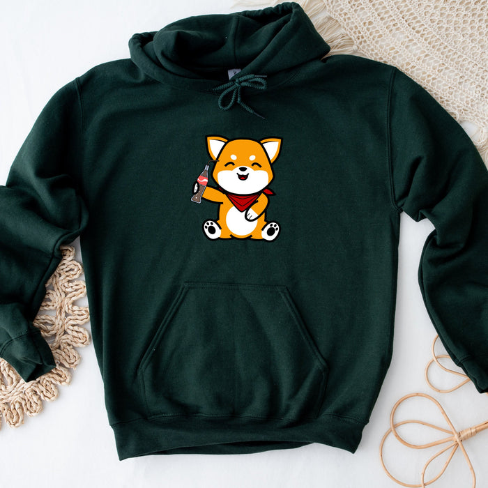 a green hoodie with a picture of a dog on it