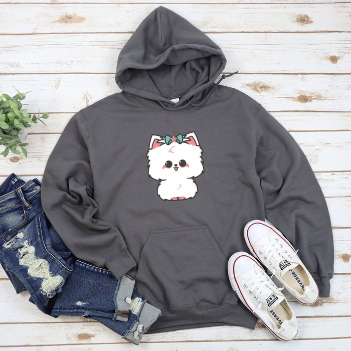 a gray sweatshirt with a white dog on it