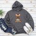 a gray hoodie with a brown french bulldog wearing a mask