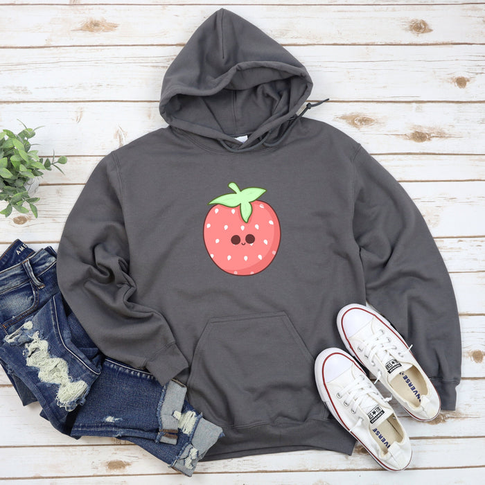 a gray hoodie with a strawberry on it