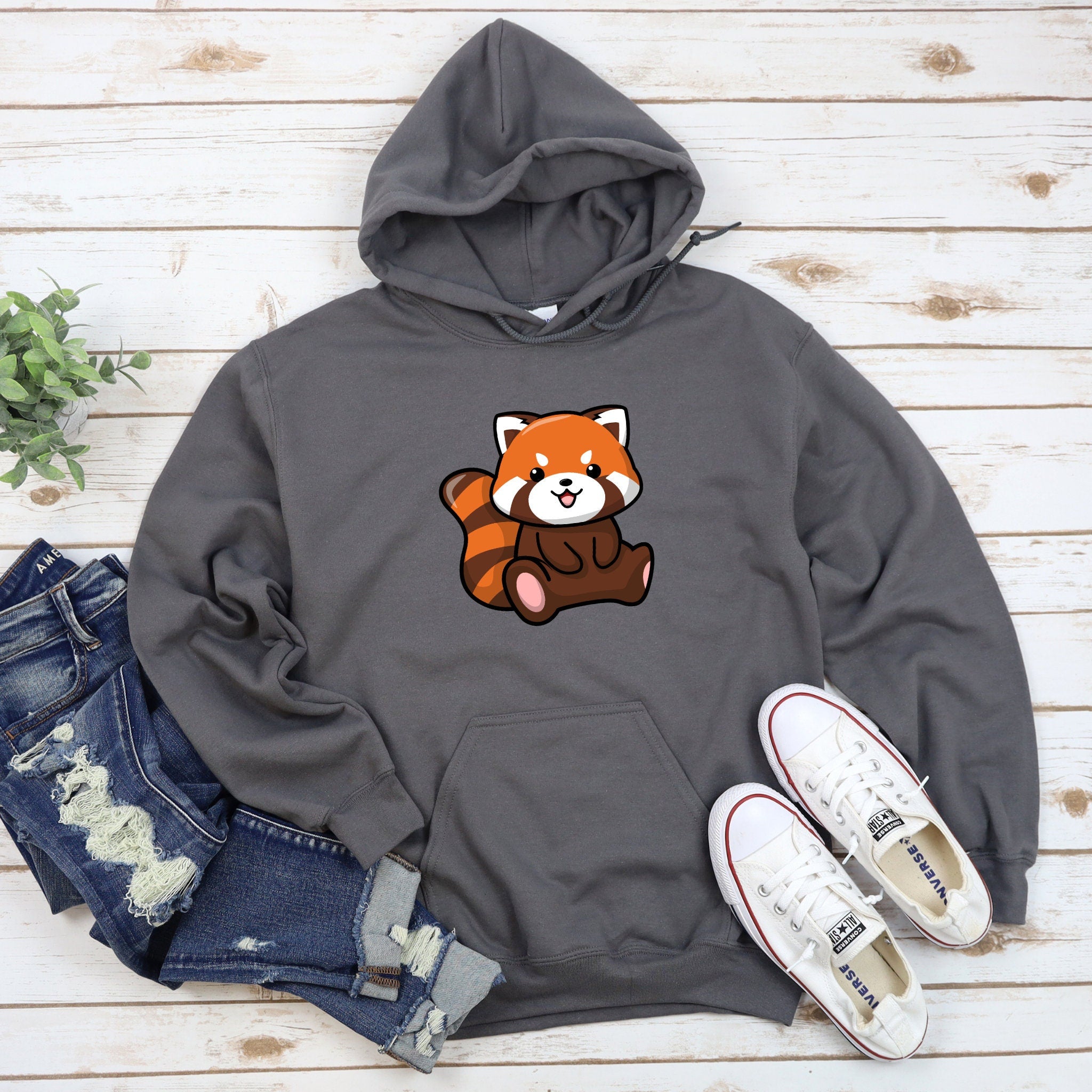a gray hoodie with a red panda bear on it