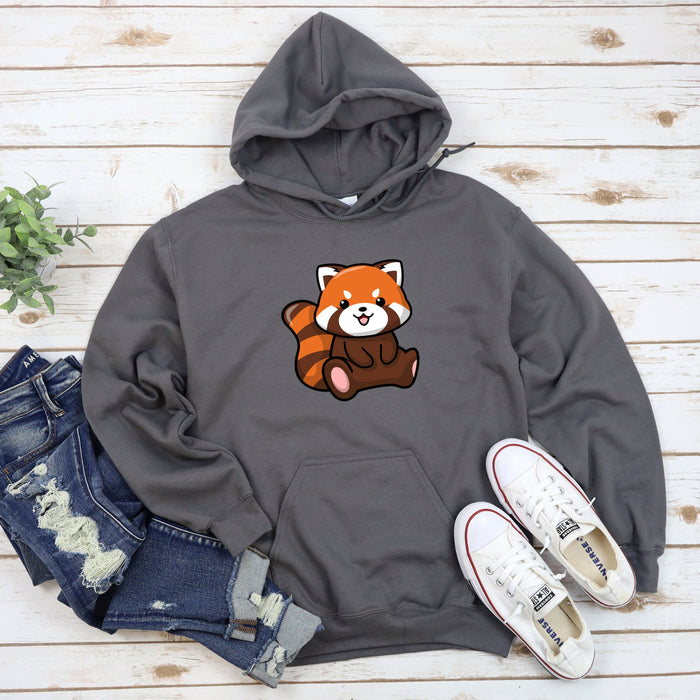 a gray hoodie with a red panda bear on it