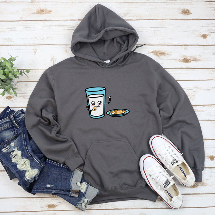 a gray hoodie with a picture of a glass of milk and a plate of