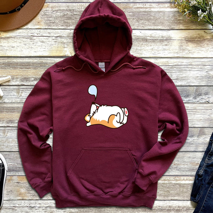 a maroon hoodie with a cartoon dog on it