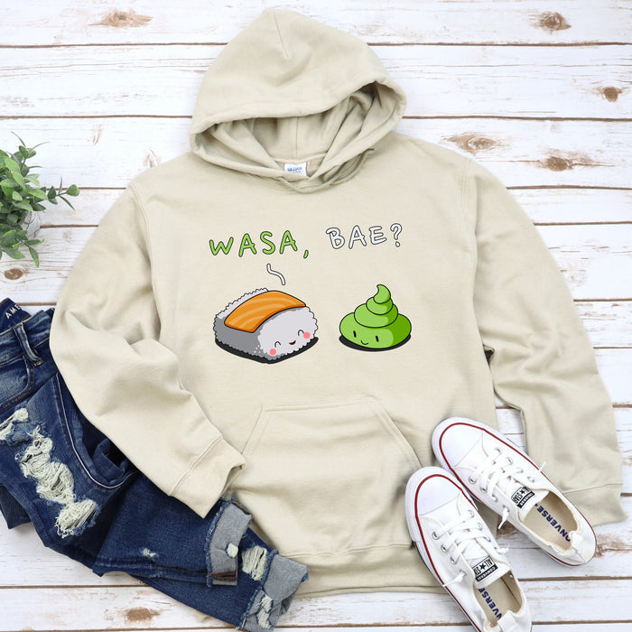 a sweatshirt that says wasa bab? with sushi on it