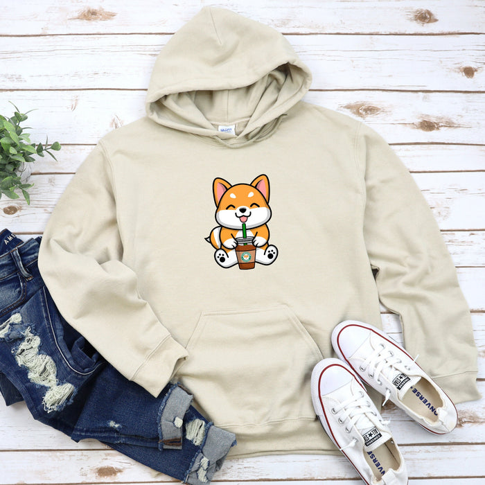 a white hoodie with a cartoon fox holding a cup of coffee