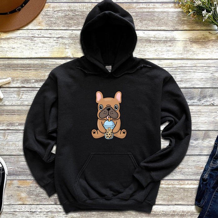 a black hoodie with a brown french bulldog on it