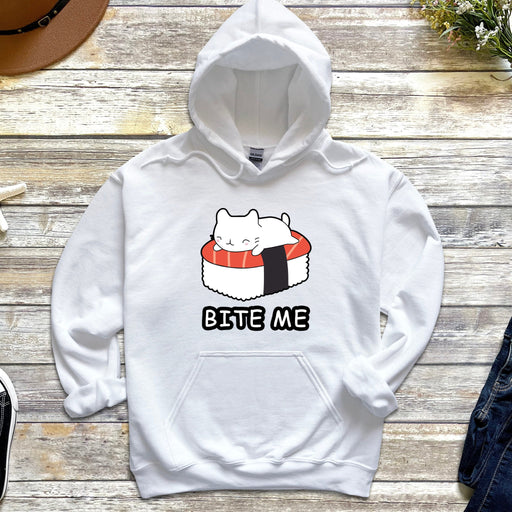 a white hoodie with a sushi cat on it