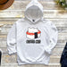 a white hoodie with a sushi cat on it